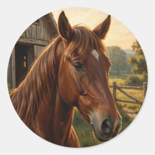 Kastanienbraunes Pferd Golden Hour Scheune Runder Aufkleber
