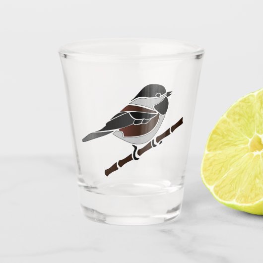 Kastaniengegarte Chickadee Bird Schnapsglas (Vorderseite)