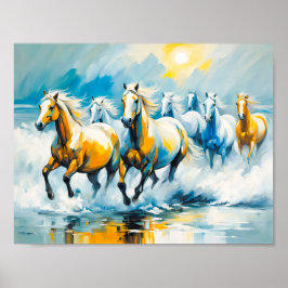 Kastanienpferde, die durch das Schwarze Meer laufe Poster