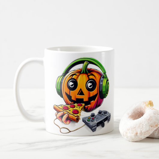 Käsy Halloween Vibes: Pumpkin Enjoys Pizza Gamin Kaffeetasse (Mit Donut)
