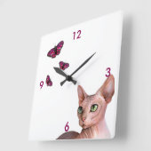 Kat 578 Sphynx Sphinx Kat Pink Butterfly Quadratische Wanduhr (Winkel)
