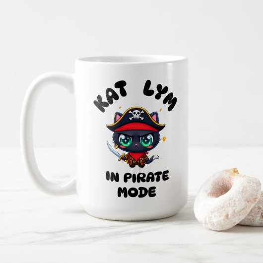 Kat Lym Cute Black Cat Pirate Art Kaffeetasse (Mit Donut)