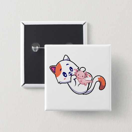 Kat und Axolotl Kawaii Neko Anime Square Button (Vorne & Hinten)