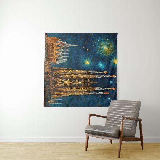 Katalan Starry Night | Gaudí Meets Van Gogh Wandteppich (Beispiel (Horizontal))