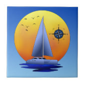 Katamaran-Segelboot und Kompass-Rose Fliese (Vorderseite)