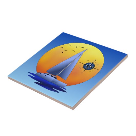 Katamaran-Segelboot und Kompass-Rose Fliese (Seite)