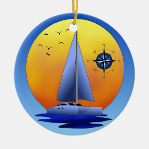 Katamaran-Segelboot und Kompass-Rose Keramikornament