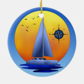 Katamaran-Segelboot und Kompass-Rose Keramikornament (Hinten)