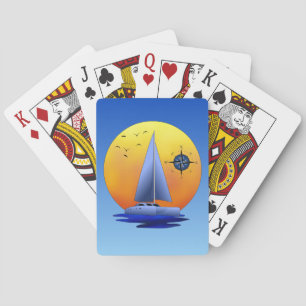 Katamaran-Segelschiff und Kompassrose Spielkarten