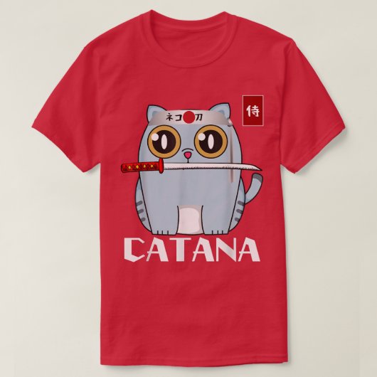 Katana Katze mit Katana Niedlich Japanisch Samurai T-Shirt (Design vorne)
