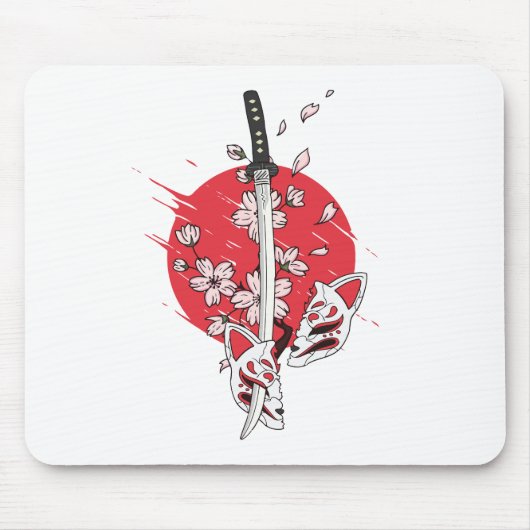 Katana Kirschblüten-Fuchsmaske Mousepad (Vorne)