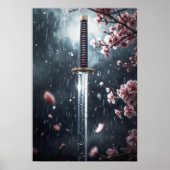 Katana Schwert mit Sakura Blüten im Regen Poster (Vorne)