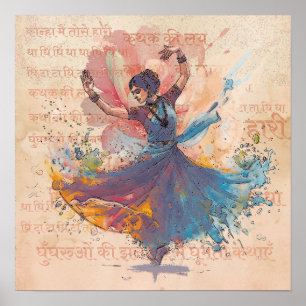 Kathak-Tinte-Wasserfarben-Tänzerin-Erbe-Wandkunst Poster