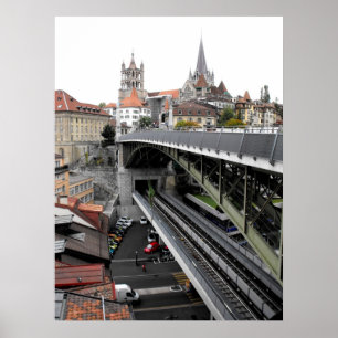 Kathedrale und Bessieres Brücke in Lausanne Poster