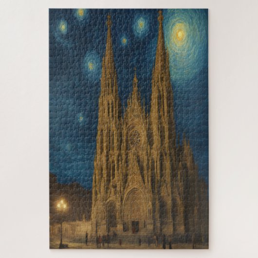 Kathedrale von Barcelona am Night van Gogh Style Puzzle (Vertikal)