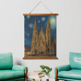 Kathedrale von Barcelona am Night van Gogh Style Wandteppich Mit Holzrahmen