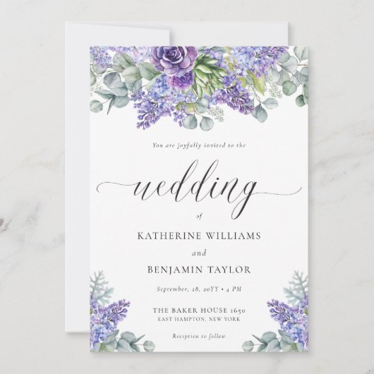 Katherine Elegant Script Floral Lavender Wedding Einladung (Vorderseite)