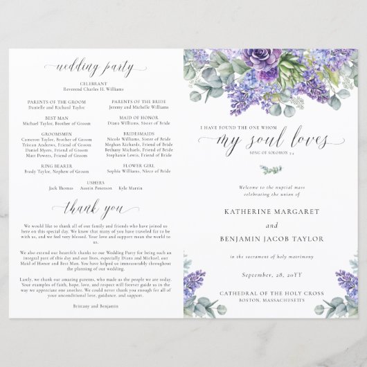 Katherine Lavender Katholic Wedding Mass Program (Vorderseite)