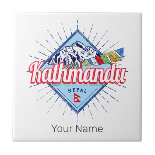 Kathmandu Berge Nepal Retro Flags Souvenir Fliese (Vorderseite)