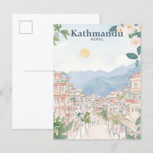Kathmandu Nepal Gouache Paint Illustration Travel Postkarte