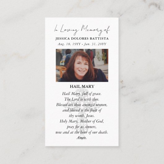 Katholische Beerdigung Gedenkstätte Heilige Gebets Visitenkarte (Rückseite)