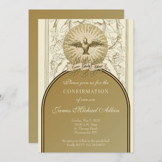 Katholische Bestätigung Gold Heiliger Geist Einladung (Vorne/Hinten)