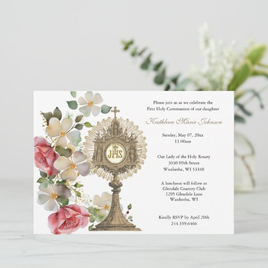 Katholische Blumenkommunion Eucharist Girl Einladung (Stehend Vorderseite)