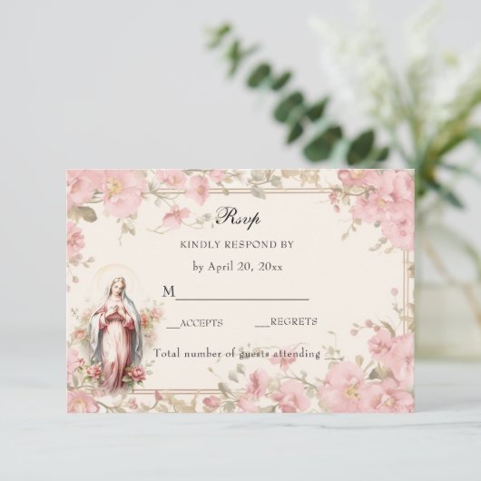 Katholische Blüte gesegnet Mary Pink Floral RSVP Karte (Stehend Vorderseite)