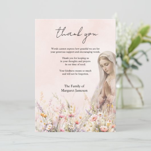Katholische Blüte Mary Beerdigung Condolence Beile Dankeskarte (Stehend Vorderseite)