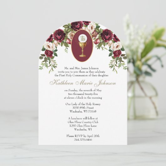 Katholische Elegant Burgund Erste Heilige Kommune Einladung (Stehend Vorderseite)