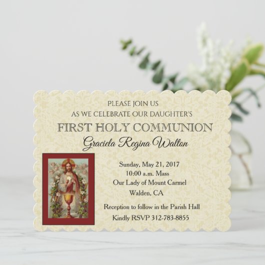 Katholische Erste Heilige Kommunion Jesus Lilies Einladung (Stehend Vorderseite)