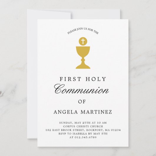 Katholische Erste Kommune Gold und Weiße Einladung (Vorderseite)