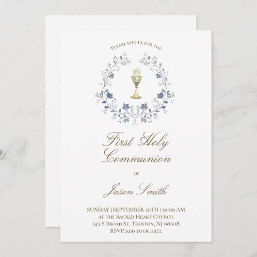 Katholische erste Kommunion Chalier elegant blau Einladung (Vorne/Hinten)