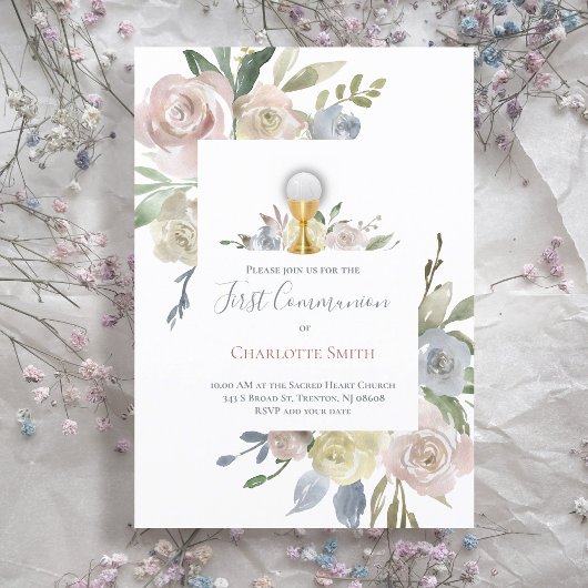 Katholische Erste Kommunion delikate Blume Bouquet Einladung