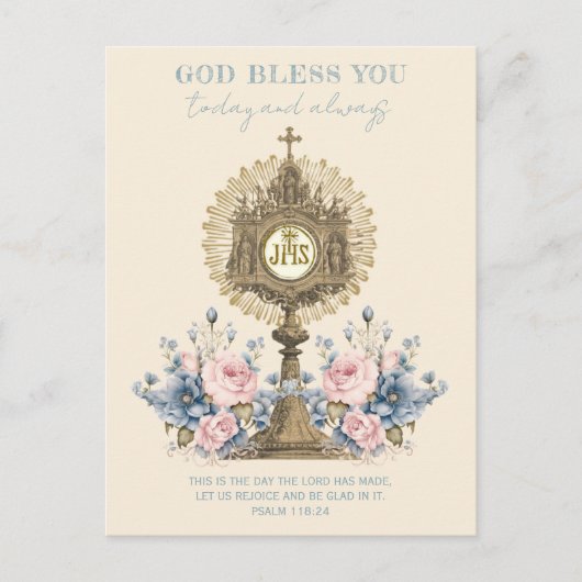 Katholische Eucharistin Jesus Blue Floral Postkarte (Vorderseite)