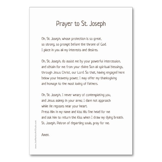 Katholische Gebetskarte St. Joseph Tischnummer (Rückseite)