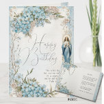 Katholische Geburt Mary Blue Floral Scripting Karte<br><div class="desc">Mit einer wunderschönen,  blumenkirchlichen Geburtstagskarte mit der gesegneten Jungfrau Mary,  Scripture und dem Heiligen Rosenkranz innen.</div>