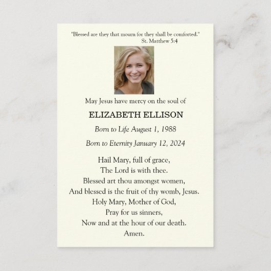 Katholische Glücksmutter Mary Beerdigung Gebetskar Begleitkarte (Rückseite)
