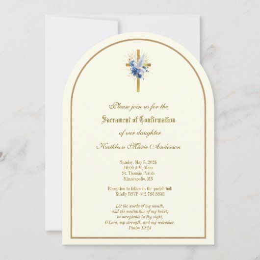 Katholische Goldene Bestätigung Dove Pink Roses Einladung (Vorderseite)