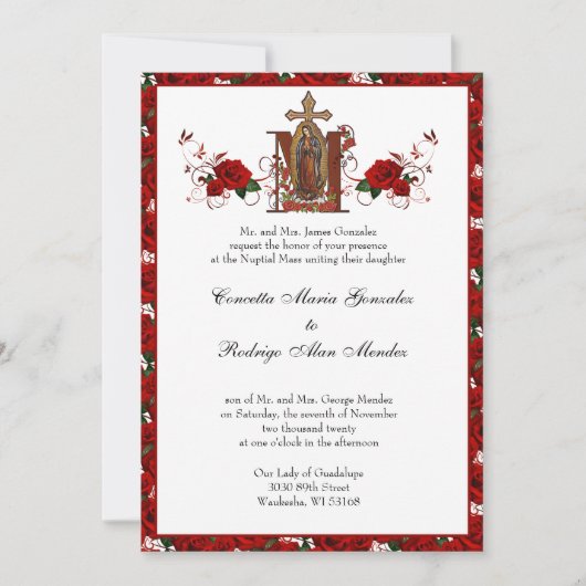 Katholische Guadalupe Religiöse Rote Rosen Hochzei Einladung (Vorderseite)