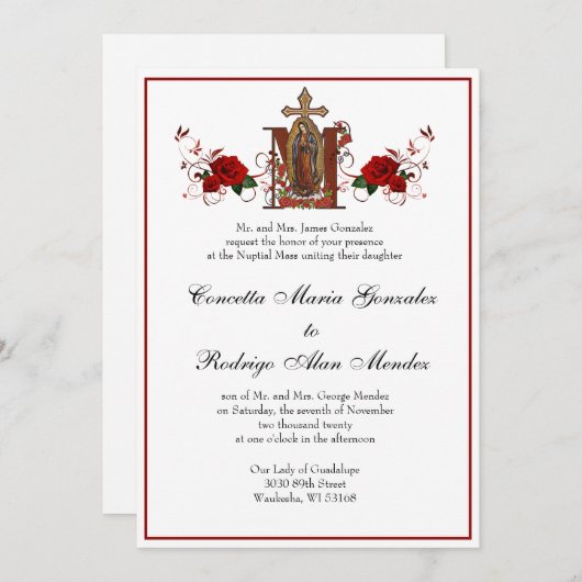 Katholische Guadalupe Religiöse Rote Rosen Hochzei Einladung (Vorne/Hinten)