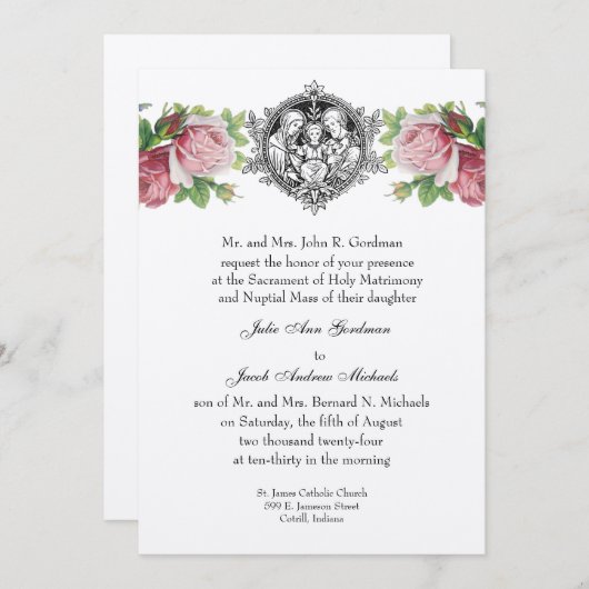 Katholische Heilige Familie Pink Roses Blumenhochz Einladung (Vorne/Hinten)