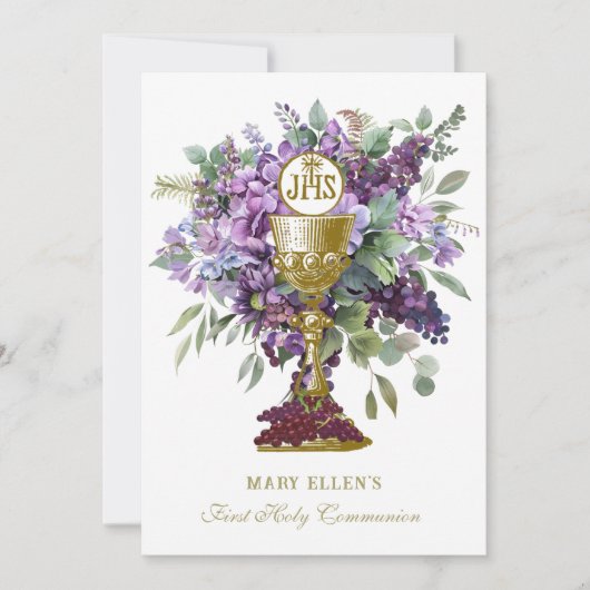 Katholische Heilige Kommunion Elegant Blumeneuchar Einladung (Vorderseite)