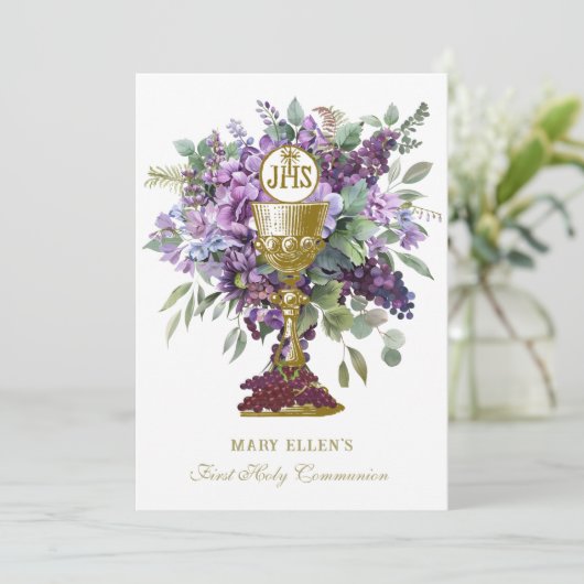 Katholische Heilige Kommunion Elegant Blumeneuchar Einladung (Stehend Vorderseite)