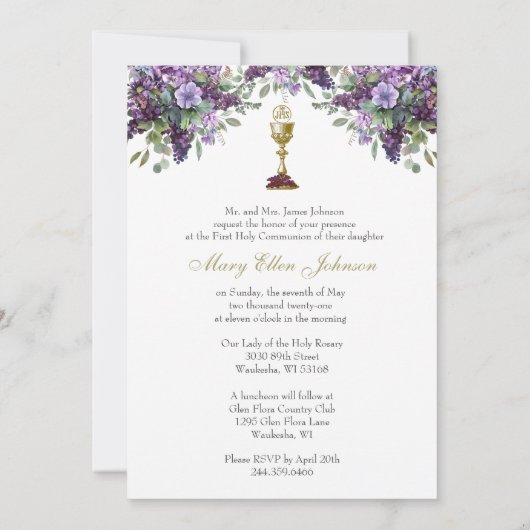 Katholische Heilige Kommunion Elegant Blumeneuchar Einladung (Rückseite)