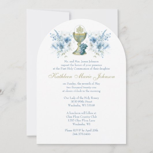 Katholische Heilige Kommunion Licht blauer Flora Einladung (Rückseite)