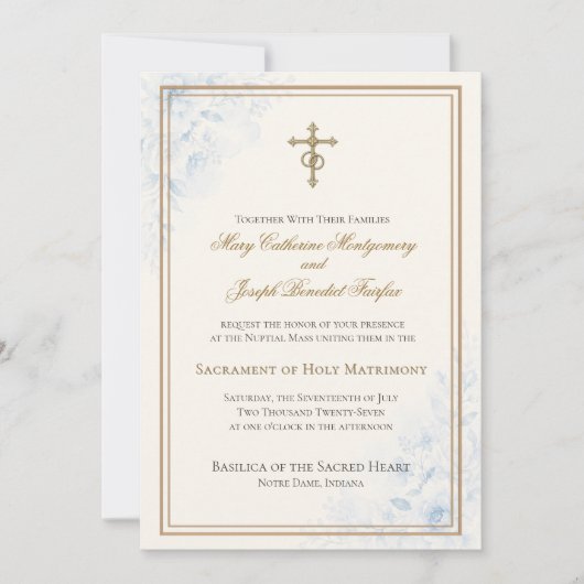 Katholische hellblaue florale Hochzeit Einladung (Vorderseite)