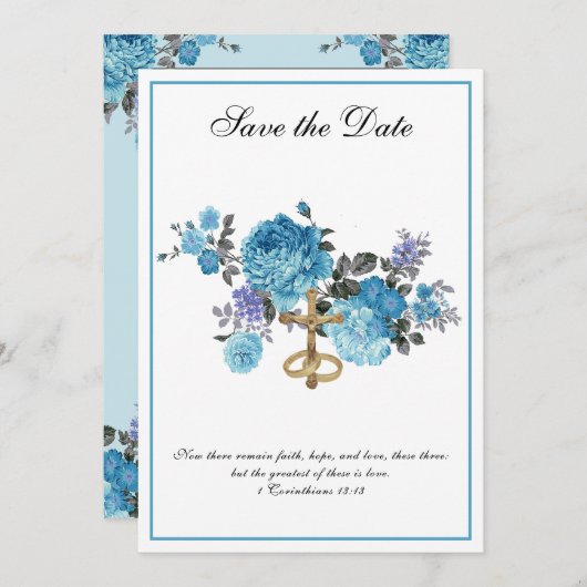 Katholische Hochzeit Blauer Blümler Religiös Save The Date (Vorne/Hinten)