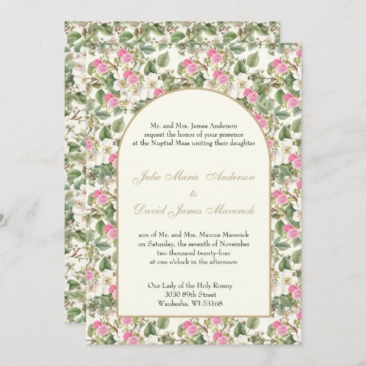 Katholische Hochzeit in Rosa und Weiß Einladung (Vorne/Hinten)