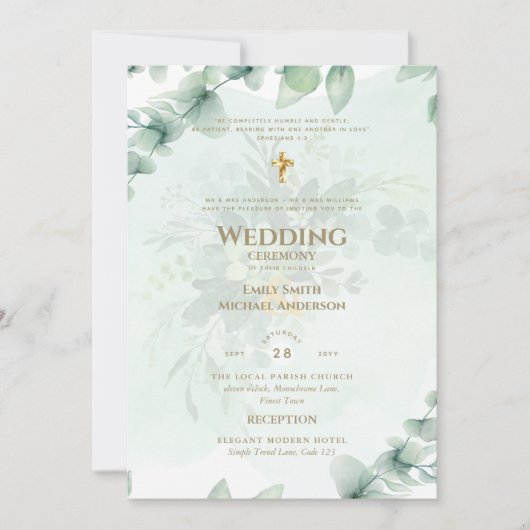 Katholische Hochzeitsgrün - botanische Einladung (Vorderseite)